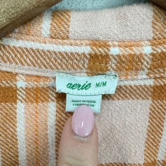 Aerie Womens Plaid Flannel Shirt Shacket Button Up Long Sleeve Peach Orange - Picture 3 of 6